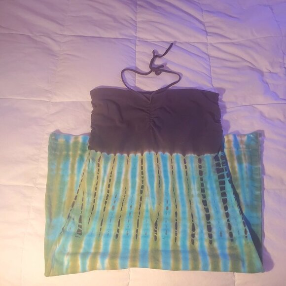 "GREEN" Tie Dyed Dress Swim Suit Cover-up with Spaghetti Tie-strap Around Neck - Picture 2 of 7